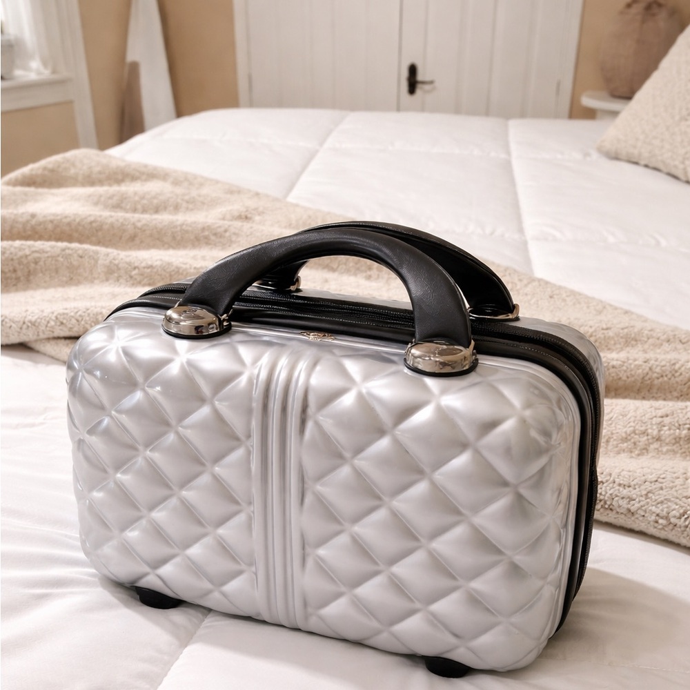 Quilted Silver Travel Cosmetic Case with Black Handles